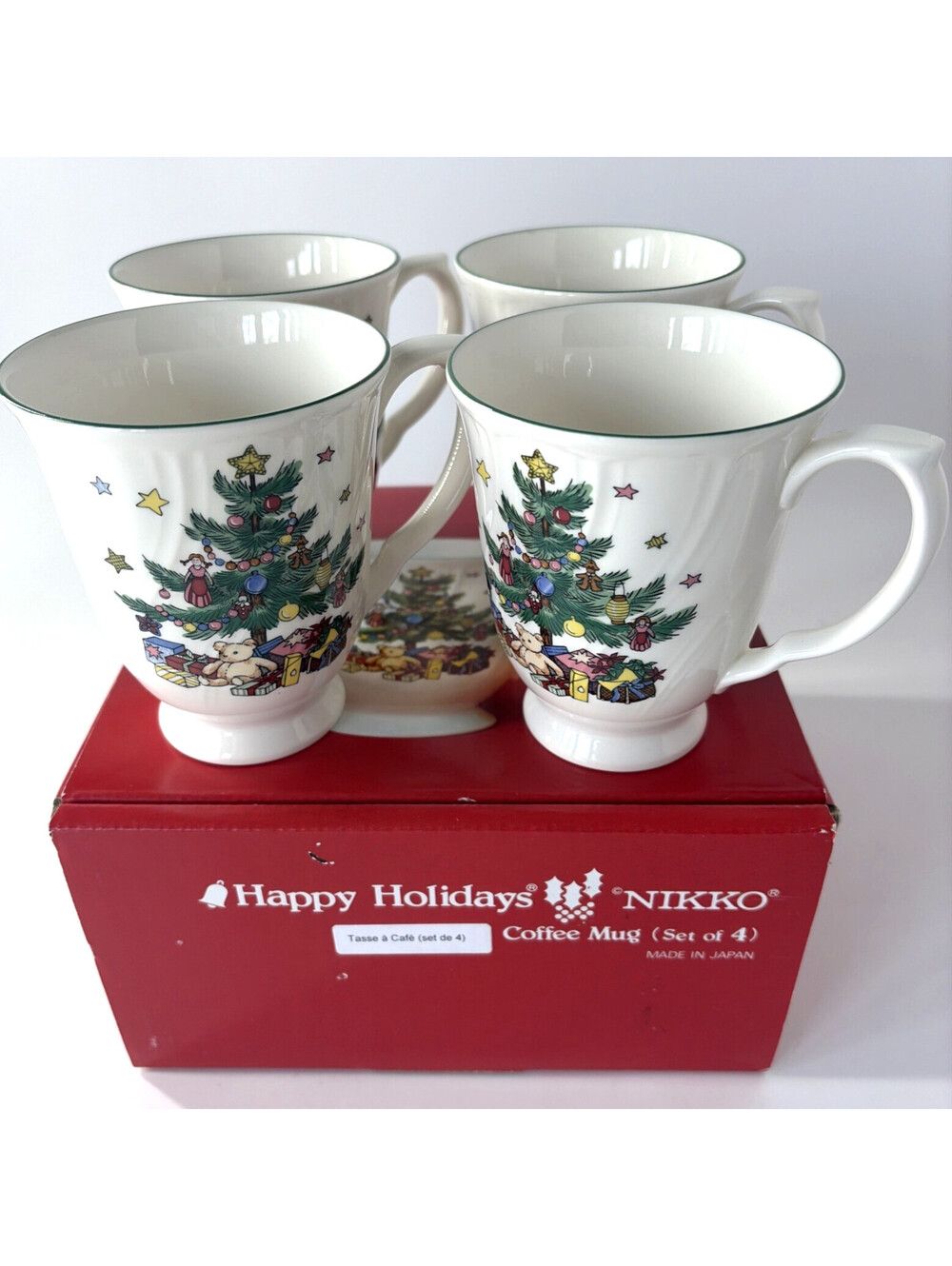 Vintage Happy Holidays Nikko Christmas Footed Coffee Mugs Set of 4 in Box Japan